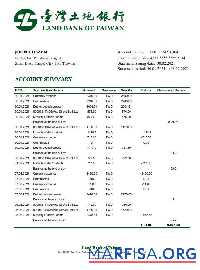Downloadable Taiwan Land Bank of Taiwan bank statement excel template